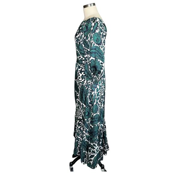 J. CREW Collection One Shoulder Ruffle Trim White Green Blue Floral Print Maxi - Picture 4 of 10